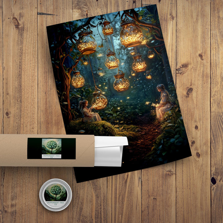 Firefly Lantern Fairies Print, Vintage Cottagecore Fairytale Art