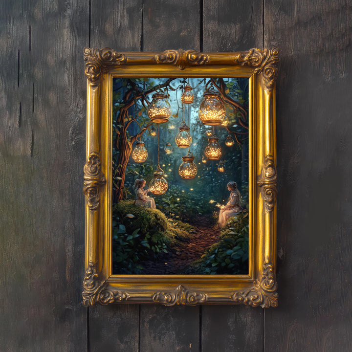 Firefly Lantern Fairies Print, Vintage Cottagecore Fairytale Art