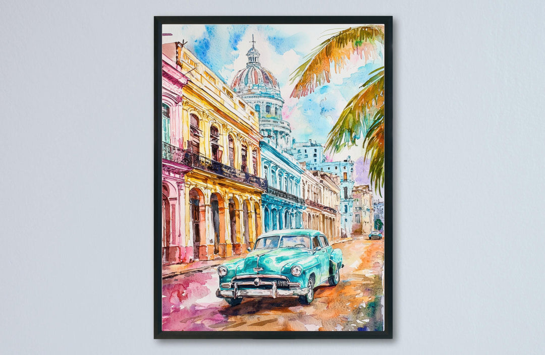 Cuba Watercolor Poster Cuba Travel Print Cuba Wall Art Vintage Car Painting Havana Cityscape Cuba Souvenir Decor