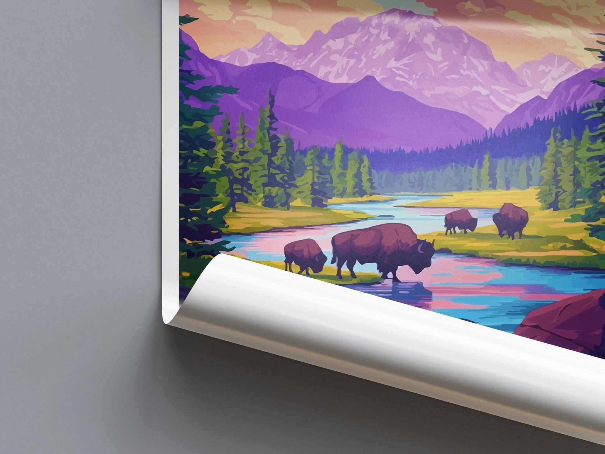 Yellowstone Cartoon Travel Poster National Park Wall Art Wyoming Print Mountain Illustration Nature Decor Yellowstone Souvenir Gift