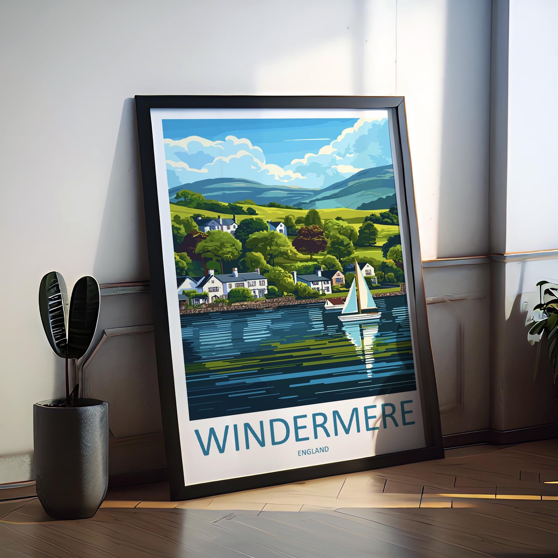 Windermere Cartoon Travel Poster Lake District Wall Art UK Landscape Print Nature Illustration Windermere Decor Souvenir Gift