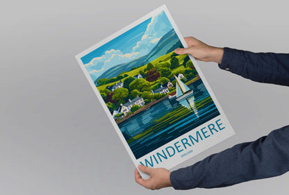 Windermere Cartoon Travel Poster Lake District Wall Art UK Landscape Print Nature Illustration Windermere Decor Souvenir Gift