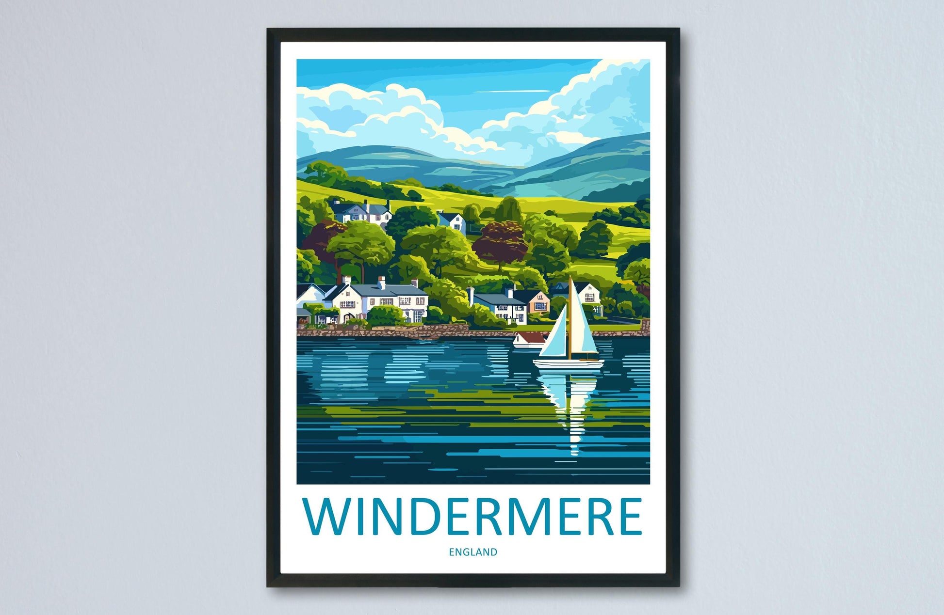 Windermere Cartoon Travel Poster Lake District Wall Art UK Landscape Print Nature Illustration Windermere Decor Souvenir Gift