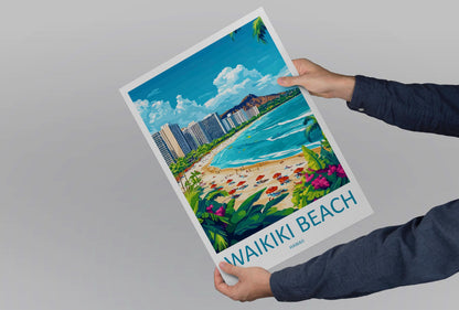 Waikiki Beach Cartoon Travel Poster Hawaii Wall Art Tropical Print Island Illustration Coastal Decor Waikiki Souvenir Gift