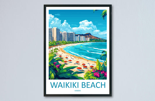 Waikiki Beach Cartoon Travel Poster Hawaii Wall Art Tropical Print Island Illustration Coastal Decor Waikiki Souvenir Gift