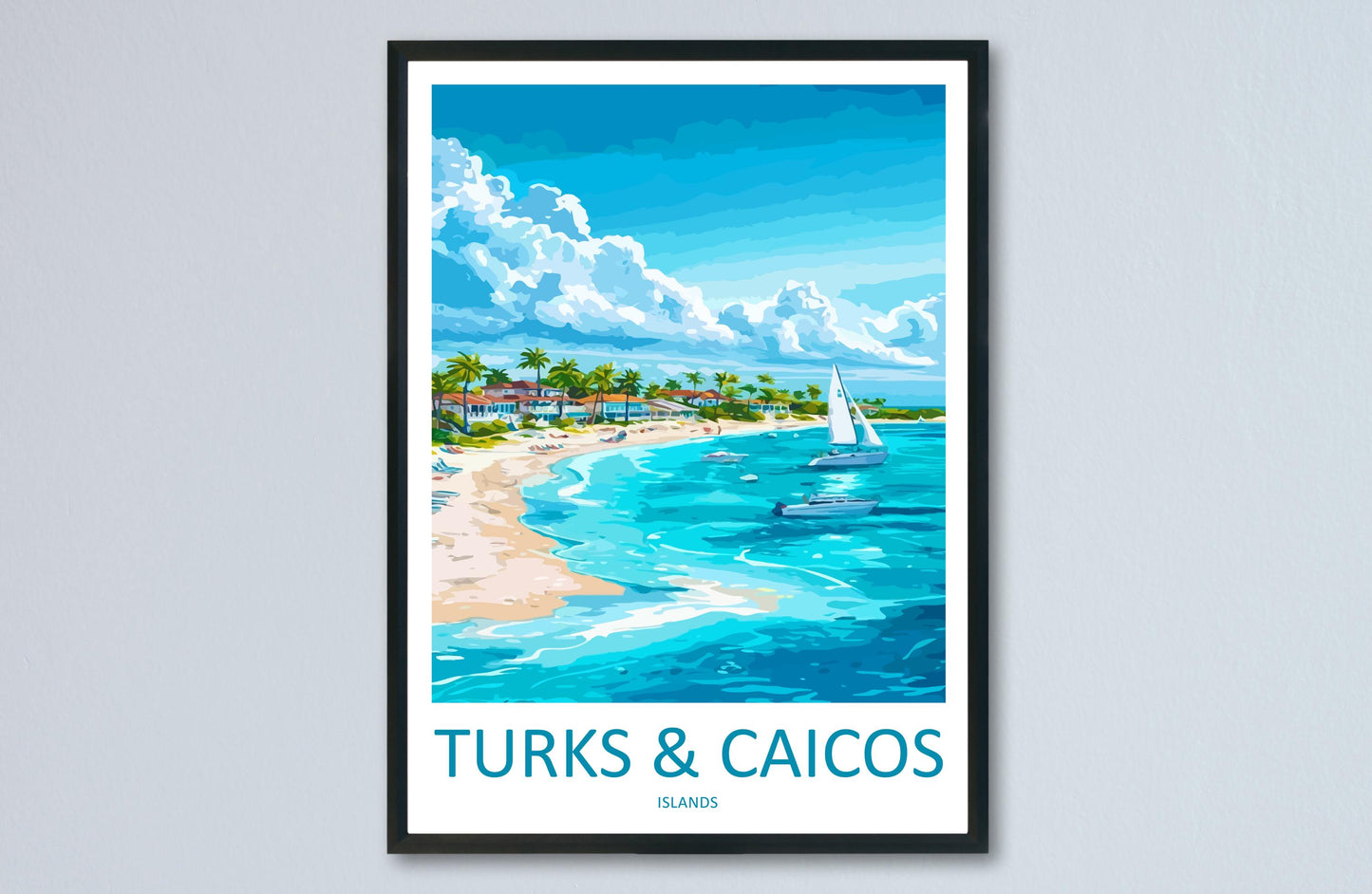 Turks and Caicos Cartoon Travel Poster Caribbean Wall Art Island Print Tropical Illustration Beach Decor TCI Souvenir Gift
