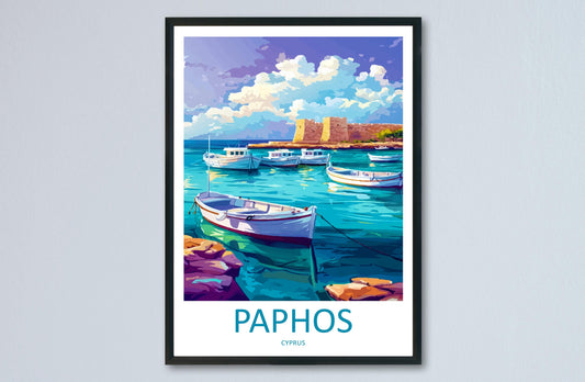 Paphos Cartoon Travel Poster Cyprus Wall Art Coastal Print Mediterranean Illustration Historic Decor Paphos Souvenir Gift