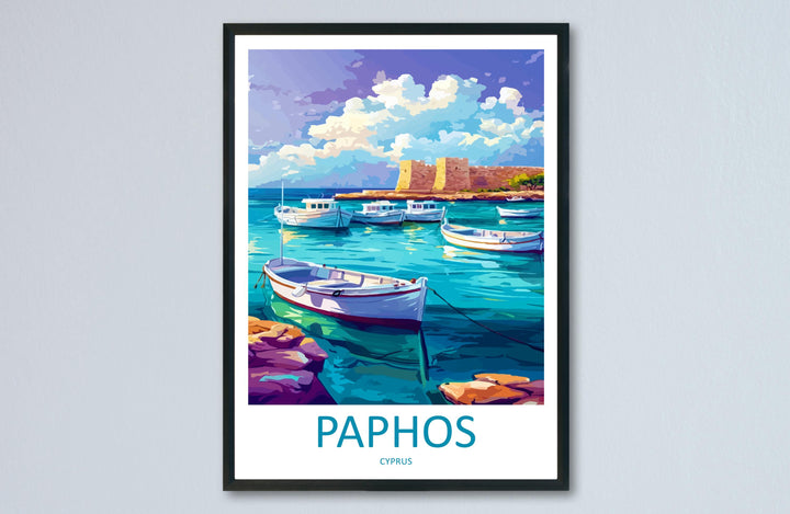 Paphos Cartoon Travel Poster Cyprus Wall Art Coastal Print Mediterranean Illustration Historic Decor Paphos Souvenir Gift