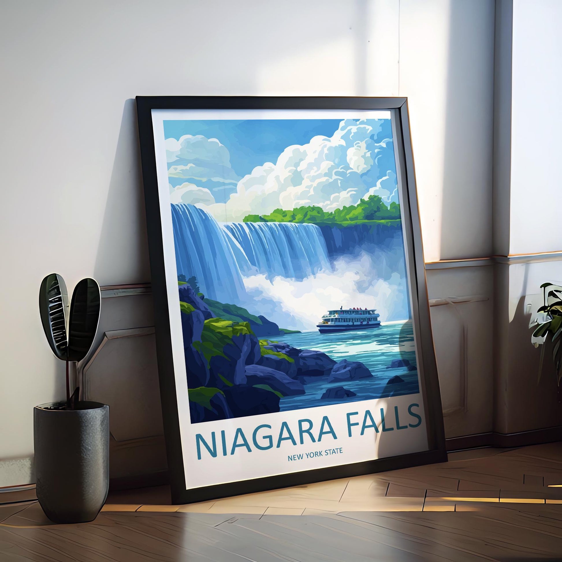 Niagara Falls Cartoon Travel Poster USA Canada Wall Art Nature Print Waterfall Illustration Scenic Decor Niagara Souvenir Gift