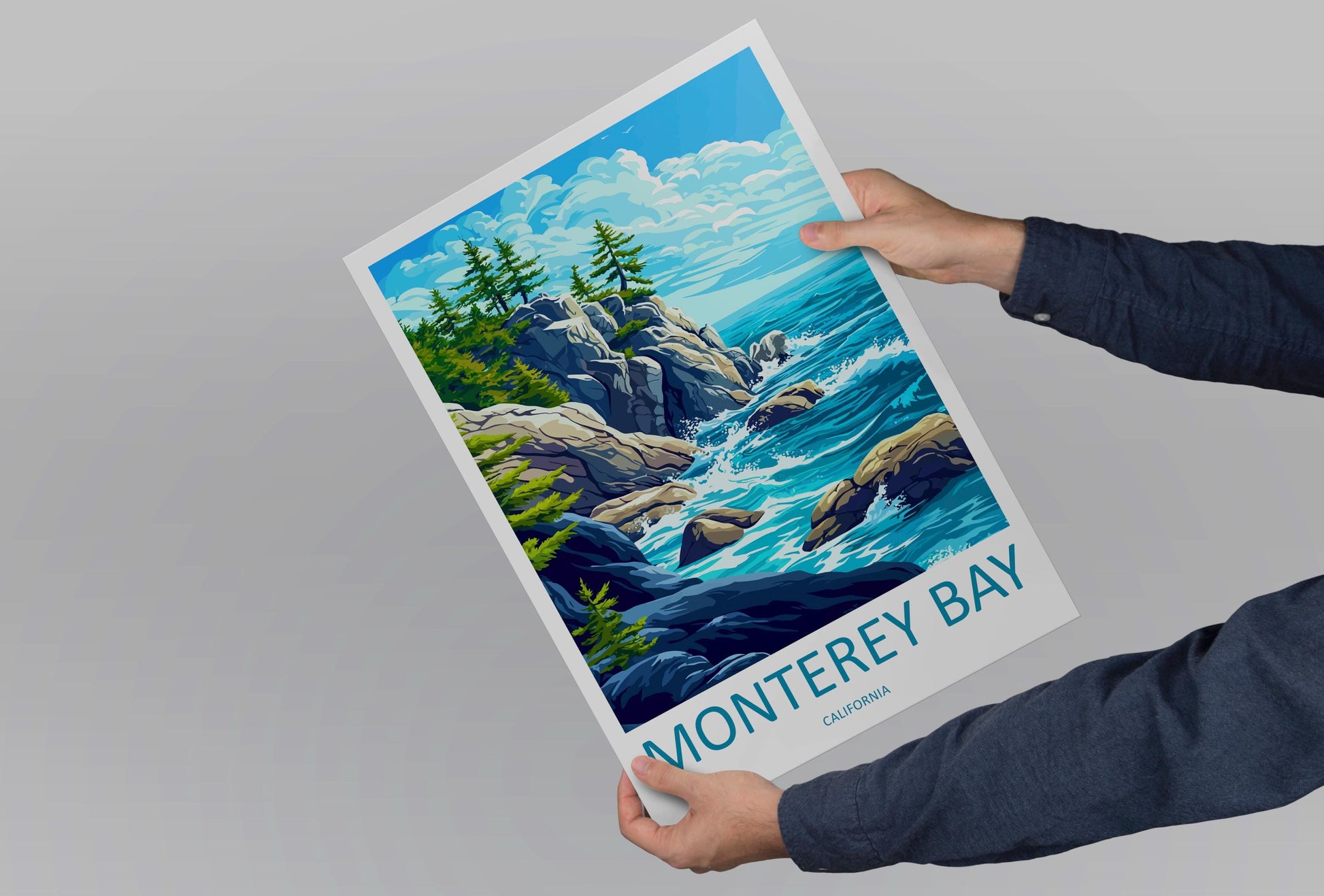 Monterey Bay Cartoon Travel Poster California Wall Art Coastal Print Ocean Illustration Nature Decor Monterey Souvenir Gift