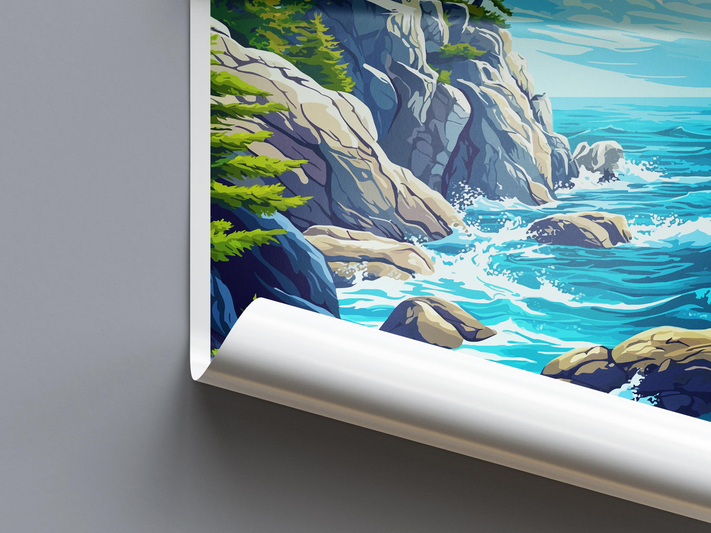 Monterey Bay Cartoon Travel Poster California Wall Art Coastal Print Ocean Illustration Nature Decor Monterey Souvenir Gift