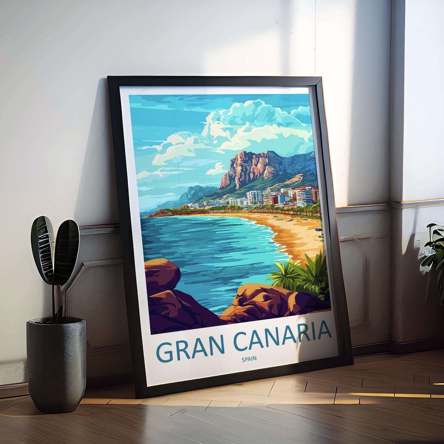 Gran Canaria Cartoon Travel Poster Spain Wall Art Island Landscape Print Coastal Decor Canary Islands Nature Scene Souvenir Gift