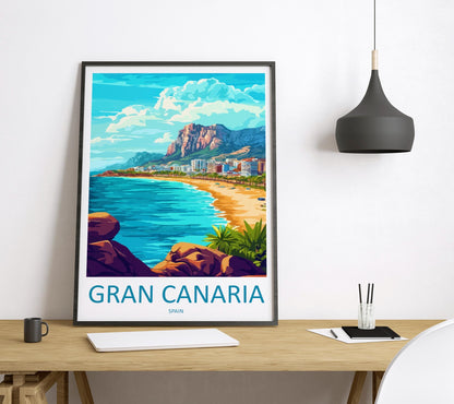 Gran Canaria Cartoon Travel Poster Spain Wall Art Island Landscape Print Coastal Decor Canary Islands Nature Scene Souvenir Gift
