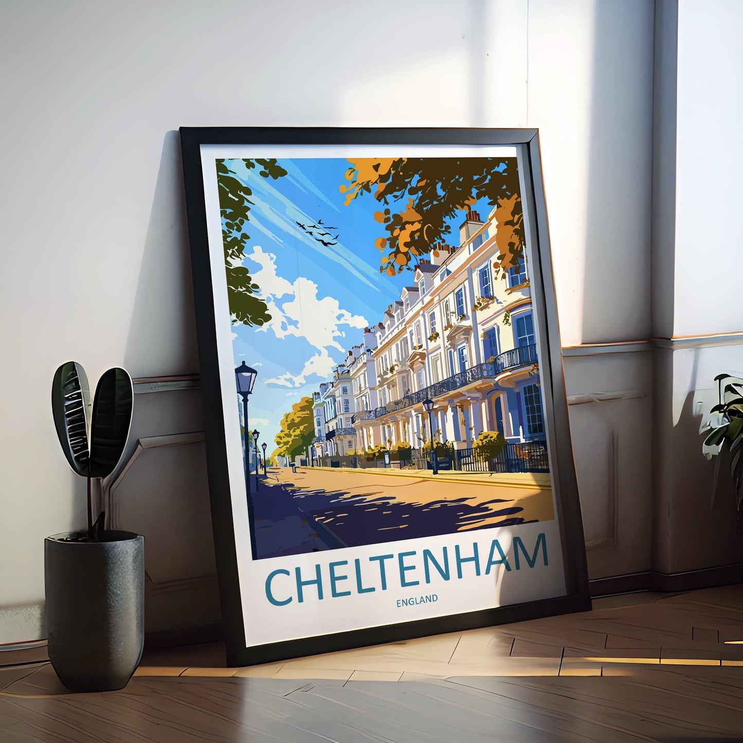 Cheltenham Cartoon Travel Poster England Wall Art Spa Town Print Historic Architecture Illustration Cotswolds Decor Gift Souvenir