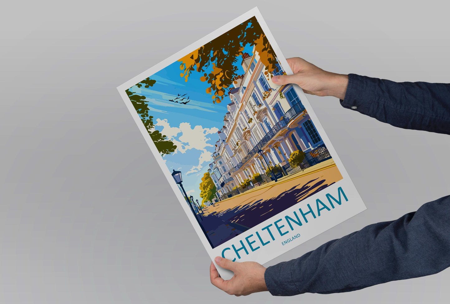 Cheltenham Cartoon Travel Poster England Wall Art Spa Town Print Historic Architecture Illustration Cotswolds Decor Gift Souvenir