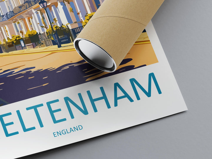 Cheltenham Cartoon Travel Poster England Wall Art Spa Town Print Historic Architecture Illustration Cotswolds Decor Gift Souvenir
