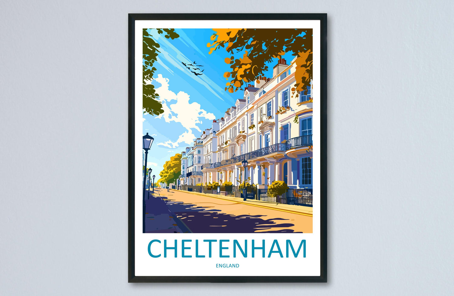 Cheltenham Cartoon Travel Poster England Wall Art Spa Town Print Historic Architecture Illustration Cotswolds Decor Gift Souvenir