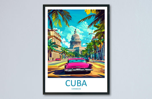 Cuba Cartoon Travel Poster Caribbean Wall Art Island Street Print Colorful Architecture Illustration Cuba Decor Vintage Gift Souvenir