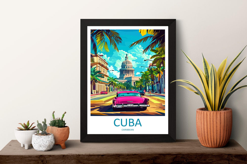 Cuba Cartoon Travel Poster Caribbean Wall Art Island Street Print Colorful Architecture Illustration Cuba Decor Vintage Gift Souvenir