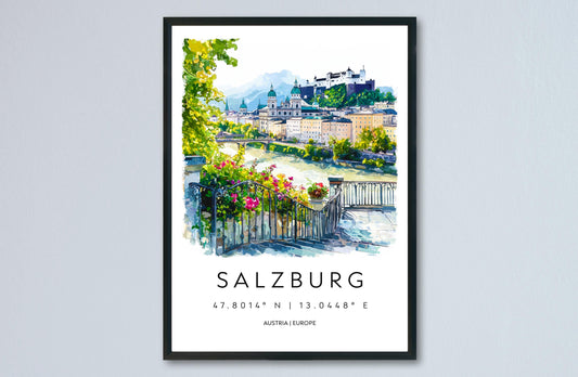 Salzburg Watercolor Poster Salzburg Travel Print Salzburg Wall Art Salzburg Cityscape Painting Salzburg Souvenir Austria Decor