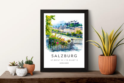 Salzburg Watercolor Poster Salzburg Travel Print Salzburg Wall Art Salzburg Cityscape Painting Salzburg Souvenir Austria Decor