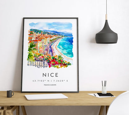 Nice France Watercolor Poster Nice France Travel Print Nice France Wall Art Nice France Cityscape Painting Nice France Souvenir Decor