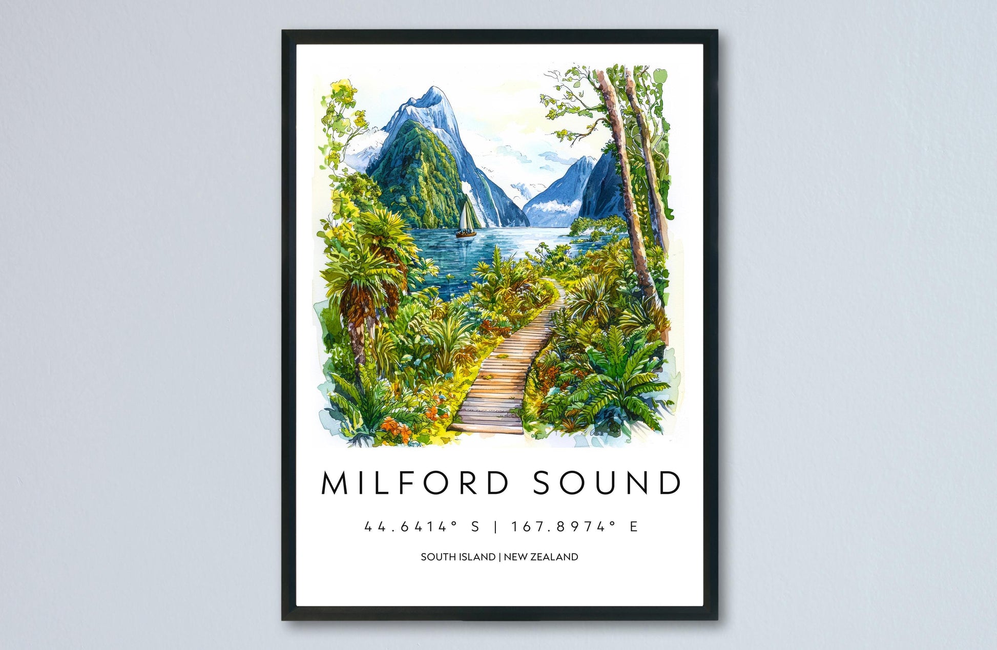 Milford Sound Watercolor Poster Milford Sound Travel Print Milford Sound Wall Art Milford Sound Landscape Painting Milford Sound Souvenir