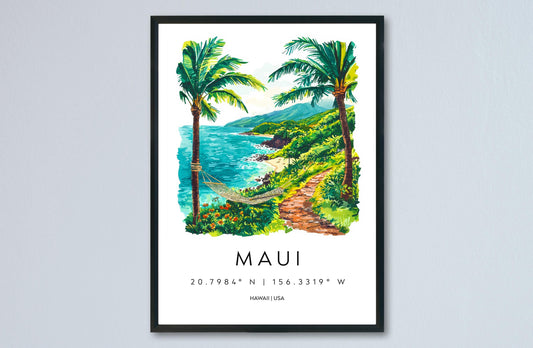 Maui Watercolor Poster Maui Travel Print Maui Wall Art Maui Landscape Painting Maui Souvenir Hawaii Island Decor