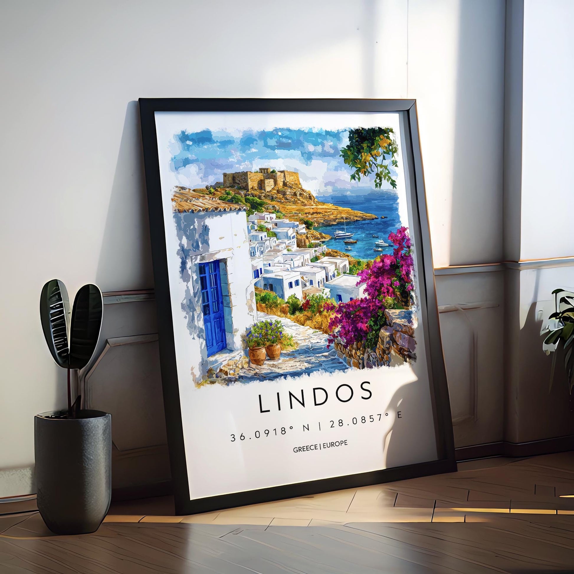 Lindos Watercolor Poster Lindos Travel Print Lindos Wall Art Lindos Cityscape Painting Lindos Souvenir Rhodes Greece Decor