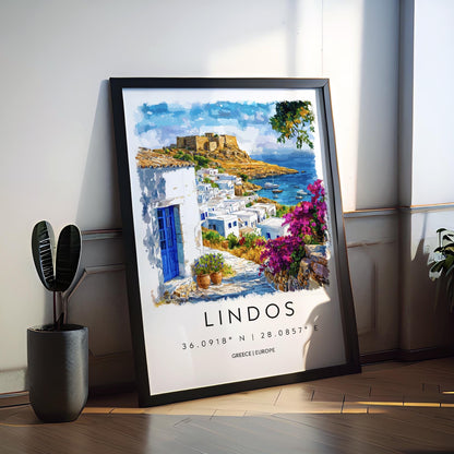 Lindos Watercolor Poster Lindos Travel Print Lindos Wall Art Lindos Cityscape Painting Lindos Souvenir Rhodes Greece Decor