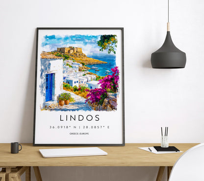 Lindos Watercolor Poster Lindos Travel Print Lindos Wall Art Lindos Cityscape Painting Lindos Souvenir Rhodes Greece Decor
