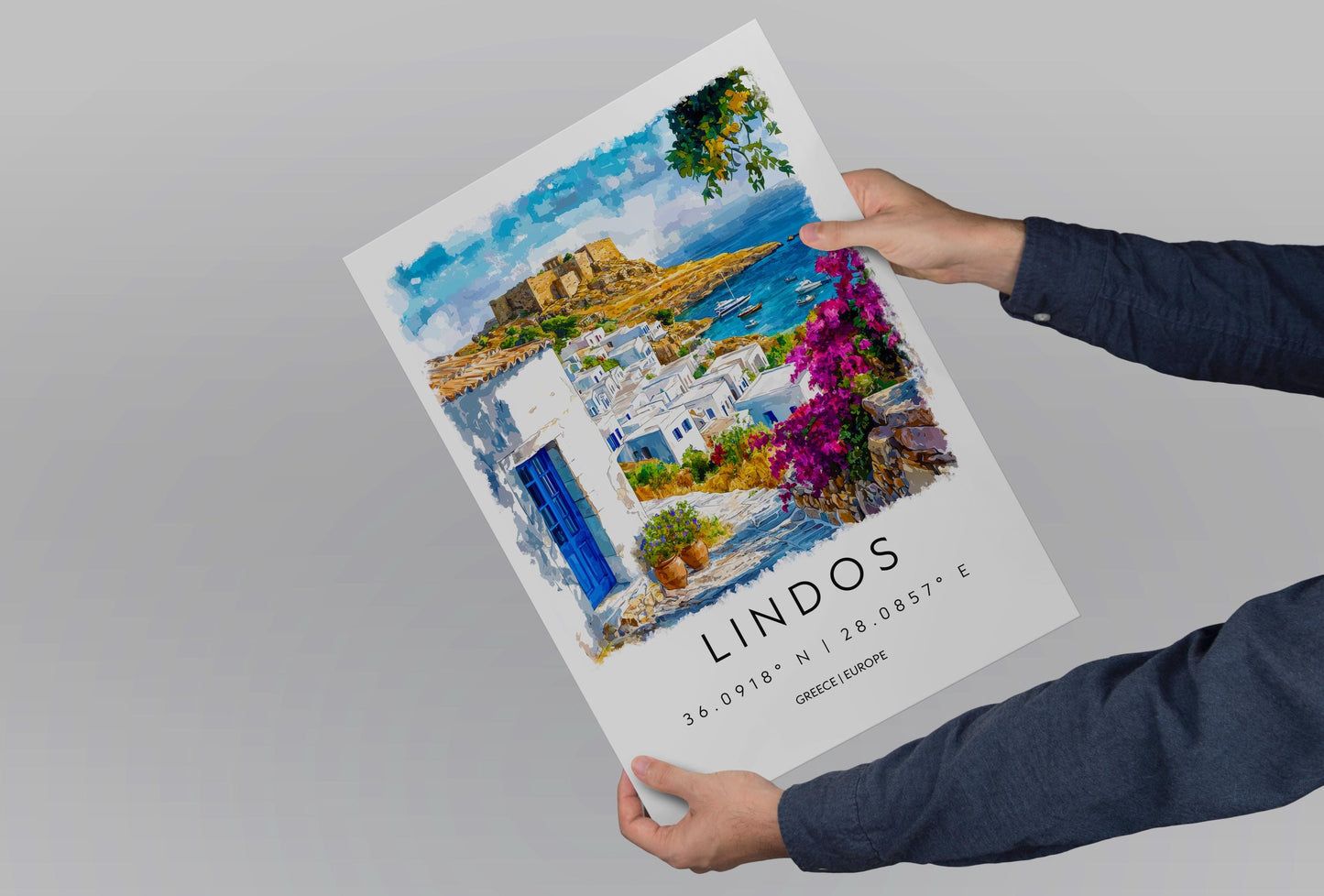 Lindos Watercolor Poster Lindos Travel Print Lindos Wall Art Lindos Cityscape Painting Lindos Souvenir Rhodes Greece Decor