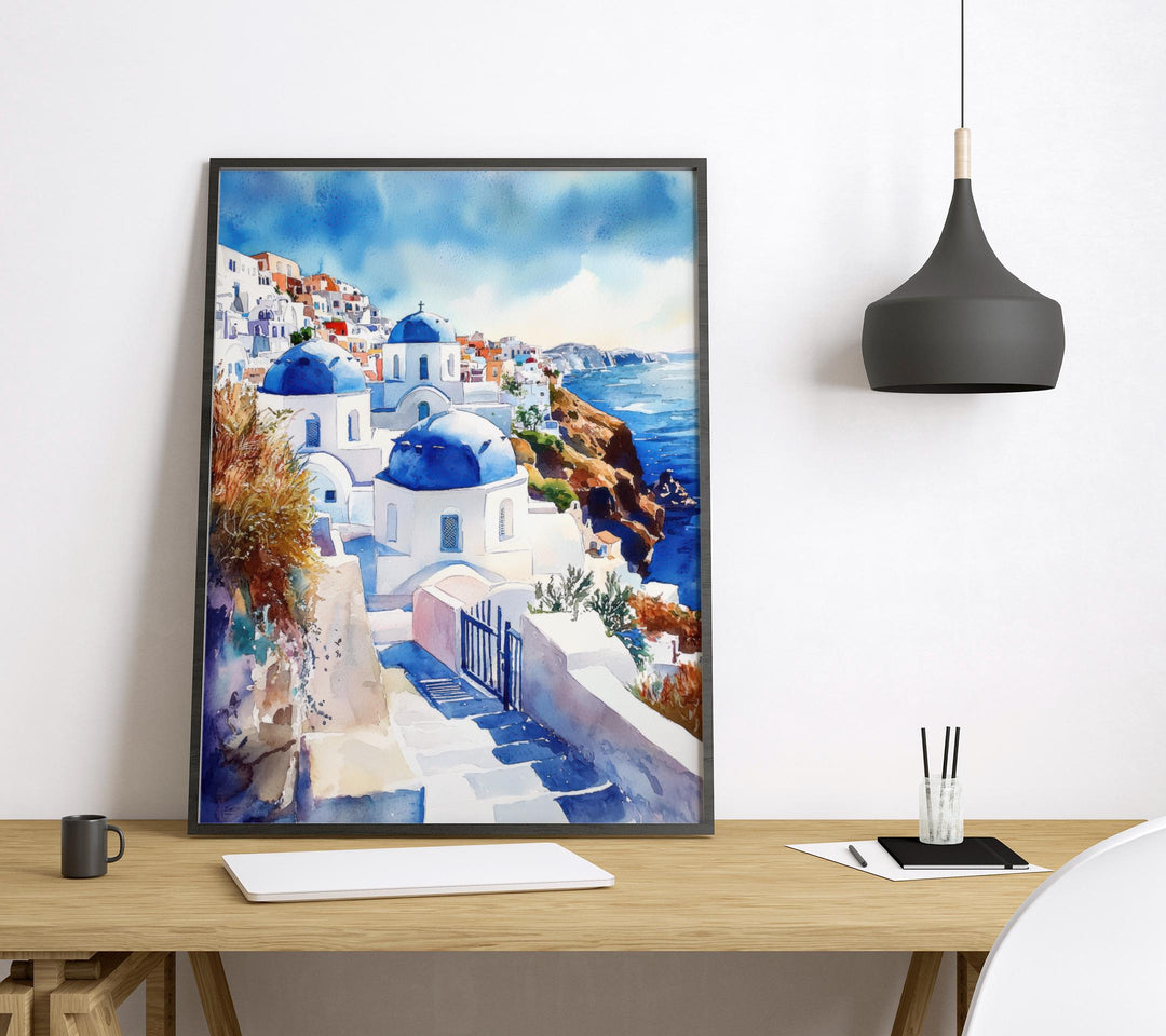 Santorini Watercolor Poster Santorini Travel Print Santorini Wall Art Santorini Cityscape Painting Santorini Souvenir Greece Island Decor
