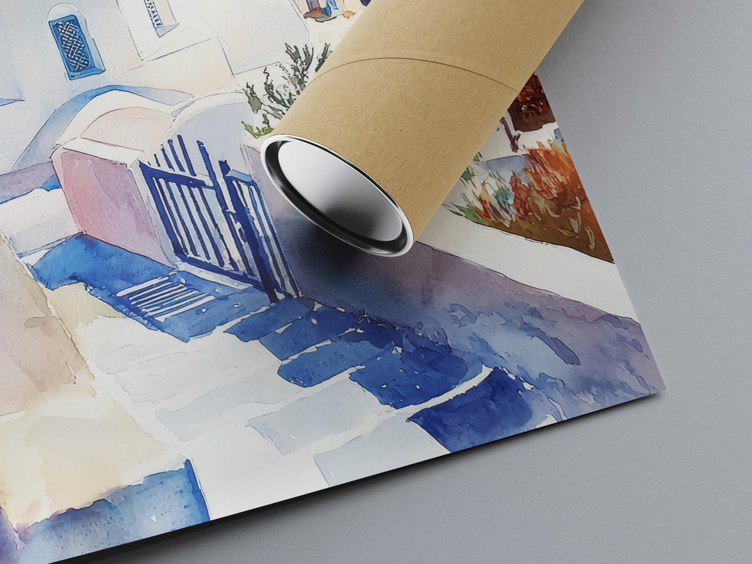 Santorini Watercolor Poster Santorini Travel Print Santorini Wall Art Santorini Cityscape Painting Santorini Souvenir Greece Island Decor