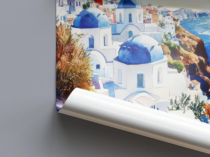 Santorini Watercolor Poster Santorini Travel Print Santorini Wall Art Santorini Cityscape Painting Santorini Souvenir Greece Island Decor