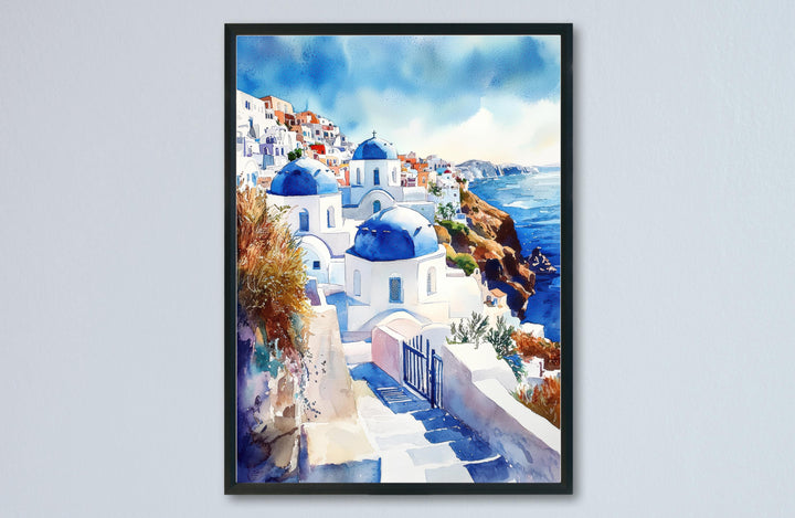 Santorini Watercolor Poster Santorini Travel Print Santorini Wall Art Santorini Cityscape Painting Santorini Souvenir Greece Island Decor