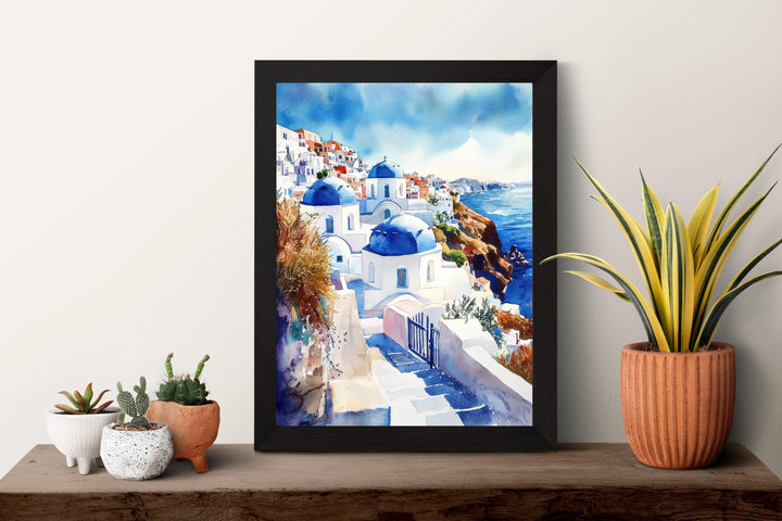 Santorini Watercolor Poster Santorini Travel Print Santorini Wall Art Santorini Cityscape Painting Santorini Souvenir Greece Island Decor