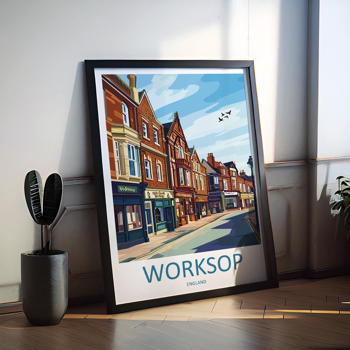 Worksop Travel Poster England Wall Art Market Town Print Historic Street Illustration Sherwood Forest Decor Worksop Gift Souvenir