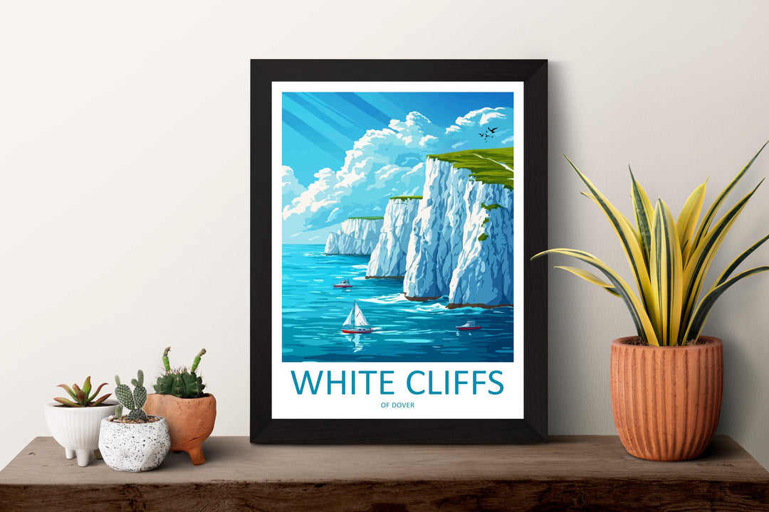 White Cliffs of Dover Travel Poster England Wall Art Coastal Landscape Print Chalk Cliff Illustration Dover Decor Souvenir Gift