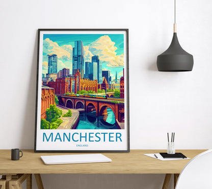 Manchester Travel Poster England Wall Art Cityscape Print Urban Illustration Industrial Decor Northern City Gift Manchester Souvenir