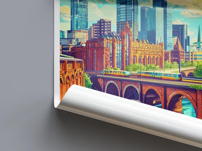 Manchester Travel Poster England Wall Art Cityscape Print Urban Illustration Industrial Decor Northern City Gift Manchester Souvenir