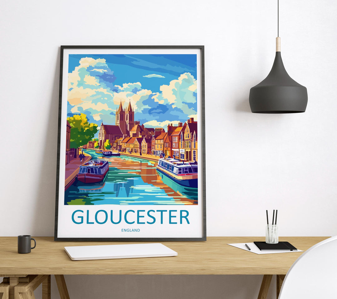 Gloucester Travel Poster England Wall Art Historic City Print Cathedral View Illustration Riverside Decor Gloucester Gift Souvenir