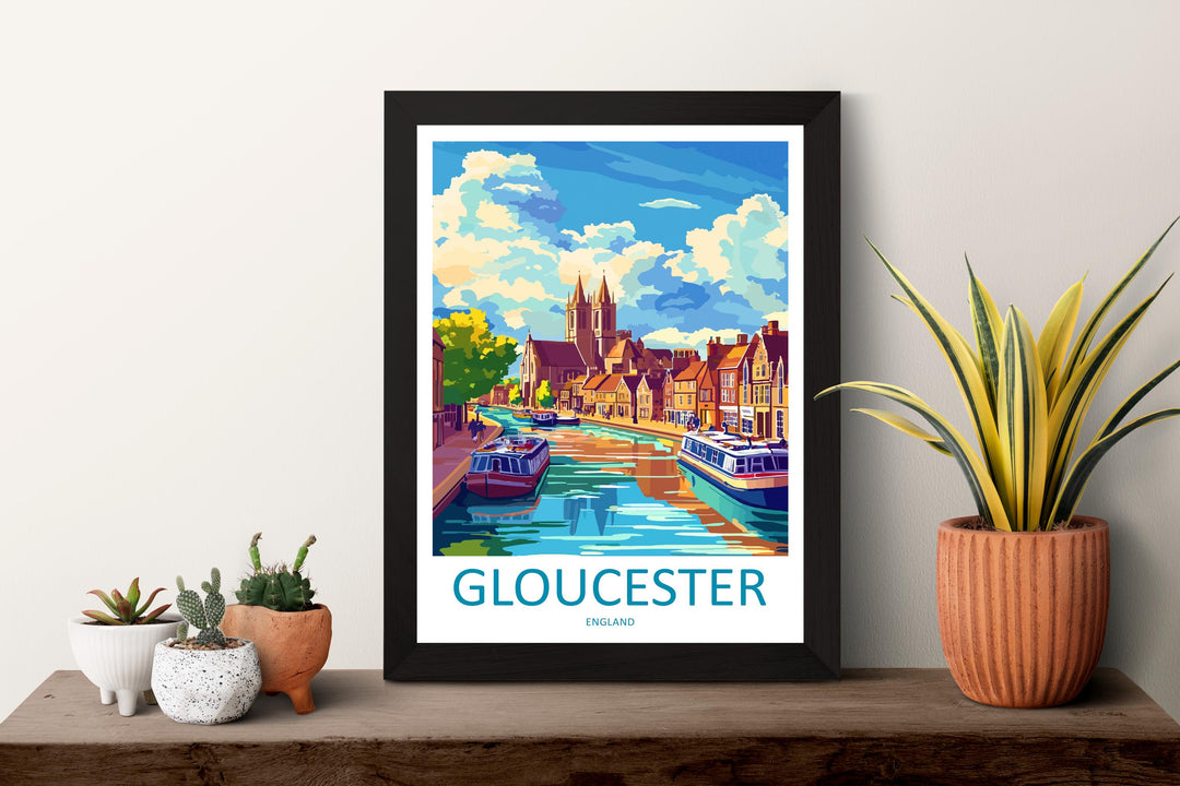Gloucester Travel Poster England Wall Art Historic City Print Cathedral View Illustration Riverside Decor Gloucester Gift Souvenir