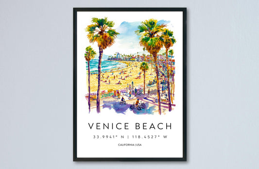 Venice Beach Watercolor Poster Venice Beach Travel Print California Wall Art Coastal Painting Venice Souvenir Decor