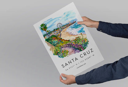 Santa Cruz Watercolor Poster Santa Cruz Travel Print California Wall Art Beach Painting Santa Cruz Souvenir Decor