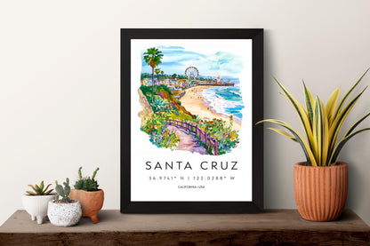 Santa Cruz Watercolor Poster Santa Cruz Travel Print California Wall Art Beach Painting Santa Cruz Souvenir Decor