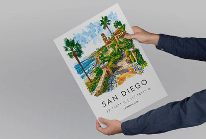San Diego Watercolor Poster San Diego Travel Print California Wall Art Beach City Painting San Diego Souvenir Decor