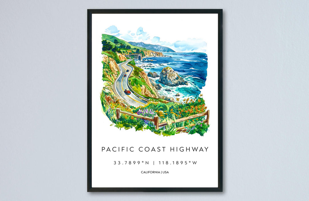 Pacific Coast Highway Watercolor Poster PCH Travel Print California Coast Art Scenic Drive Painting Coastal Decor
