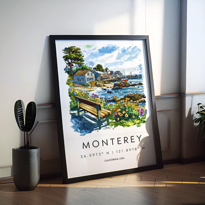 Monterey Watercolor Poster Monterey Travel Print California Coast Art Ocean Painting Monterey Bay Souvenir Decor