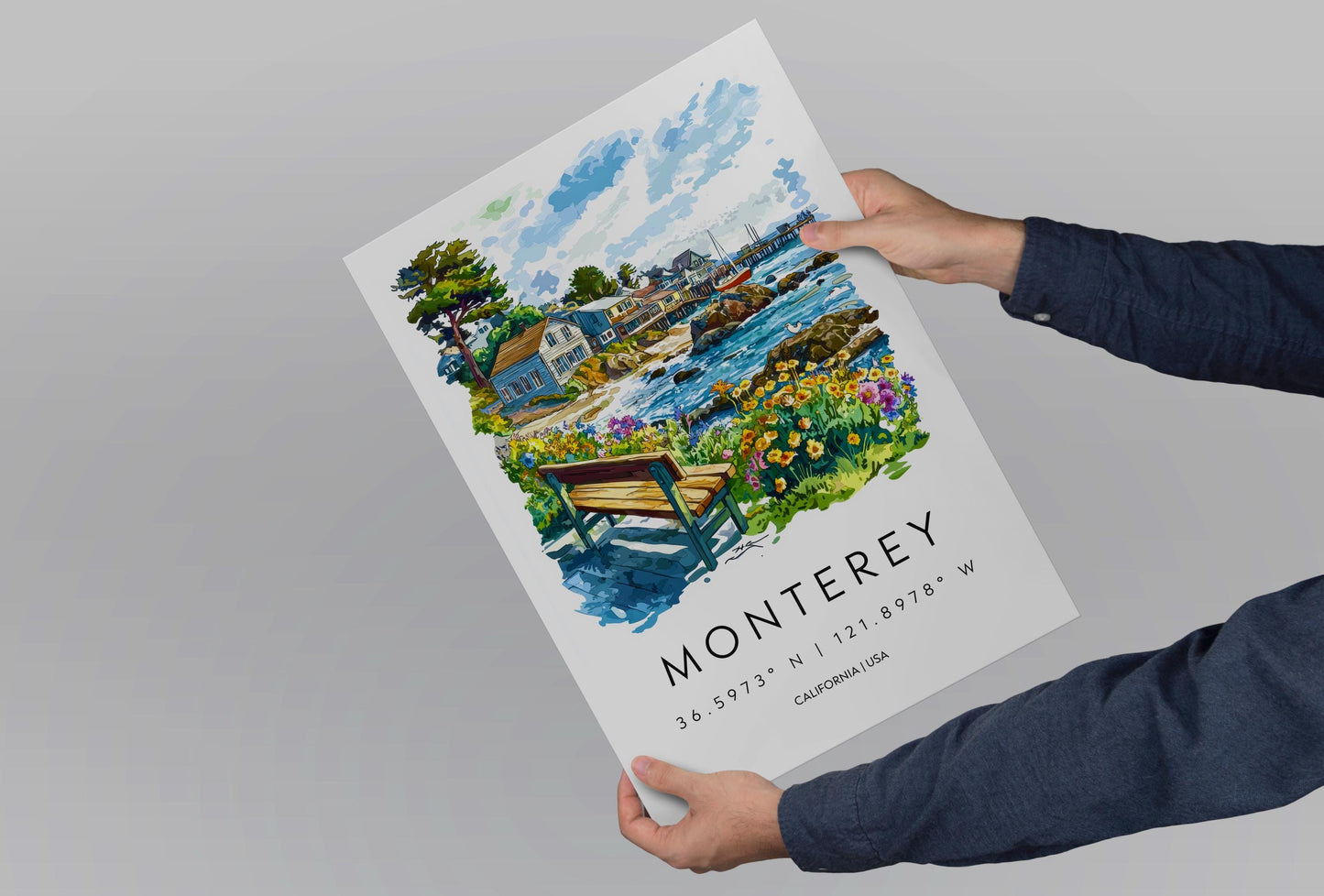 Monterey Watercolor Poster Monterey Travel Print California Coast Art Ocean Painting Monterey Bay Souvenir Decor